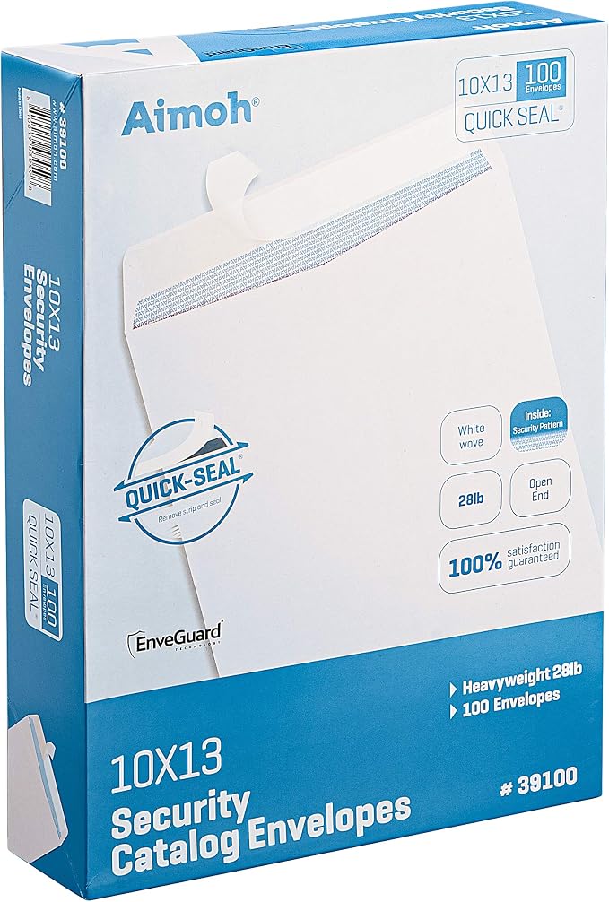 Aimoh 10x13 Large White Security self-seal Catalog Envelopes, 500 Count | 28 lb paper, Security tint, Quick-seal closure, Holds catalogs & documents, 500 pack, Fits 10x13 mailings (39500)