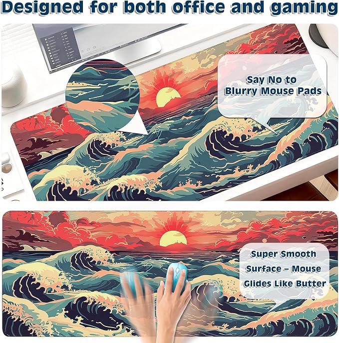Gaming Desk Mat with Silky Smooth Surface & Exquisite Patterns,31.5x11.8 Inches Large-Sized Mouse Pad, Perfect for Extended Gaming,Work,and Home Office Decor (Japanese Waves 1)