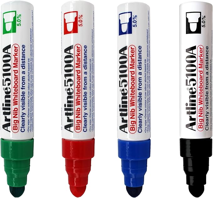 Artline 5100A Big Nib Magnum Whiteboard Dry Erase Markers, Extra Thick 5.0mm Bullet Tip, Readable from a Great Distance, Low Odor Colored Markers for School, Black, Red, Blue, Green, 4-Pack