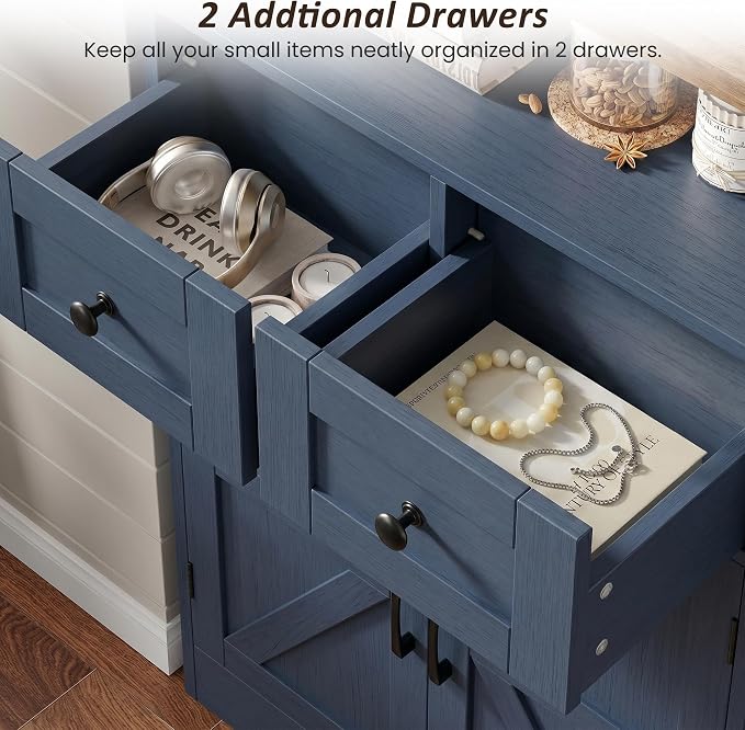 Farmhouse Storage Cabinet Set of 2, Small Kitchen Pantry Coffee Bar Cabinet | Accent Buffet Cabinet Cupboard, 2 Storage Drawers, Barn Doors & Adjustable Shelves, for Kitchen/Entryway/Bathroom, Navy Blue