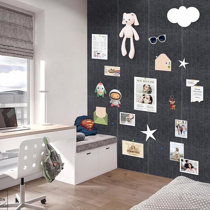 Large Felt Bulletin Board 48"x36"- 12 Pack Self-Adhesive Pin Board Tiles with 35 Push Pins & 50 Removable Tabs, Cork Board Alternative for Office, Classroom, Home & Kitchen Decor-Black