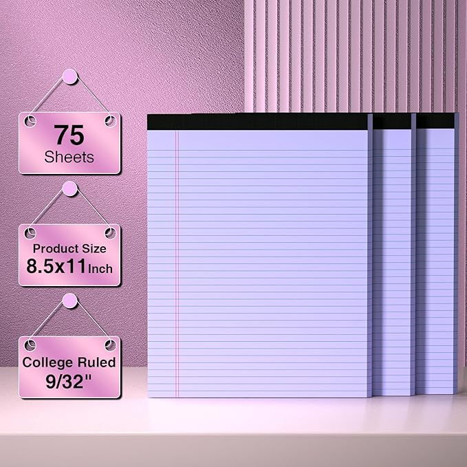 3 Pcs Legal Pads 8.5 x 11 Purple Note Pads 8.5 x 11 Notepad Total 75 Sheets, Micro Perforated Writing Pads Lined Paper College Ruled Pad of Paper Notebook To-Do List for School & Office Supplies