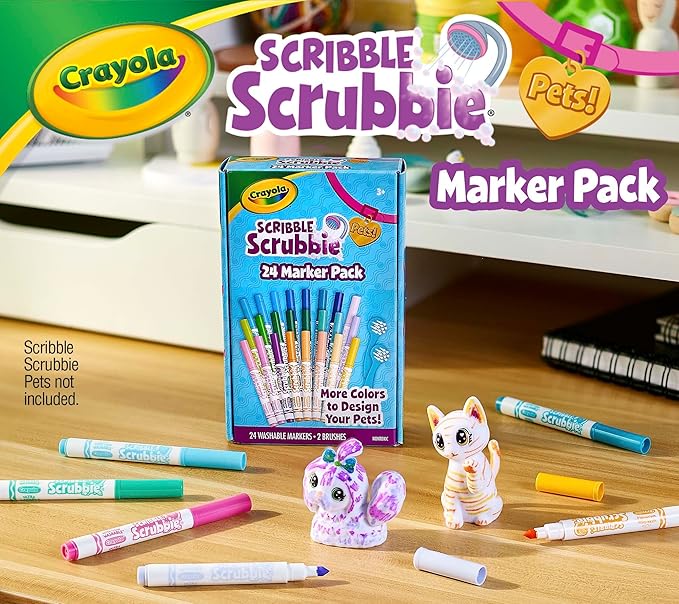 Crayola Scribble Scrubbie Pets Marker Refill & Expansion Set - 24 Washable Markers for Kids, Easter Basket Stuffers for Kids, Gifts for Girls & Boys [Amazon Exclusive]