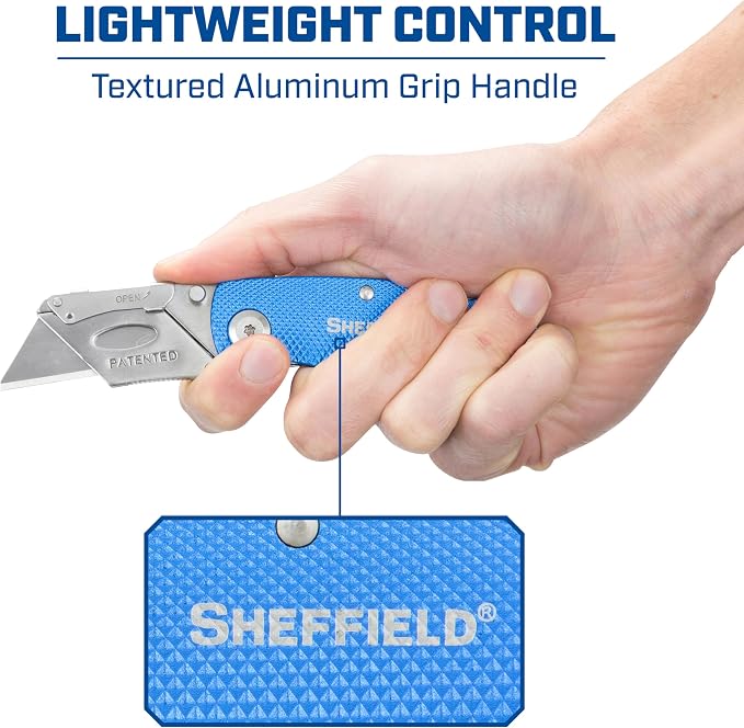 Sheffield Utility Knife and Mini Box Cutter with Aluminum Handles | Folding Utility Knife Set Accepts Std and Mini Utility Knife Blades for Use in Warehouse, Construction, or DIY