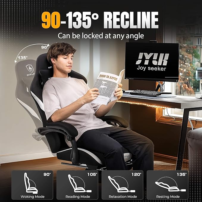 GTPLAYER Gaming Chair Ergonomic Office Chair with Foot Rest & Pocket Spring Cushion, High Back Computer Desk Chair with Headrest & Lumbar Support, Breathable Fabric Game Chair for Adults, Coal-Black