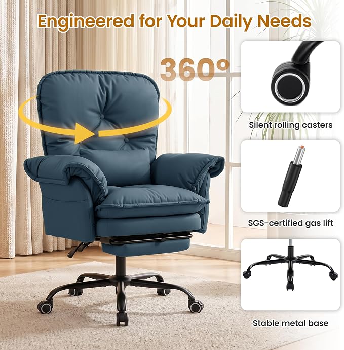 Criss Cross Office Chair with Flip Arms & Footrest, Comfy Desk Chair,Blue | Cross Legged Office Chair, Wide Seat Reclining Desk Chair with Wheels, Vanity Chair with Pocket Spring Seat and Side Pockets