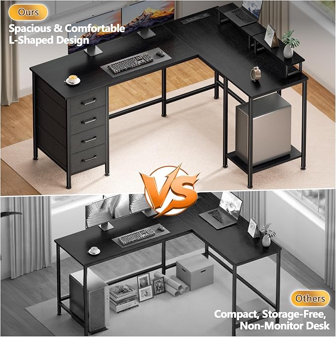 59 inch L Shaped Computer Desk with Power Outlets, Home Office Desk with 4 Adjustable Storage Drawers & 2 Monitor Stands, Two Person Gaming Table for Bedroom, Black