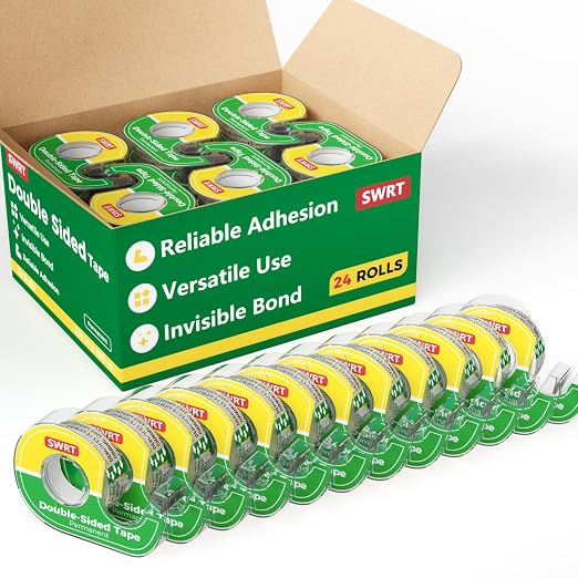 SWRT Double-Sided Tape, 1/2 in x 300 in, 24 Pack with Dispensers | Mess-Free, Invisible Bond, Easy Cutting, Strong Hold for Crafts, Gift Wrapping, Scrapbooks, School & Office Projects