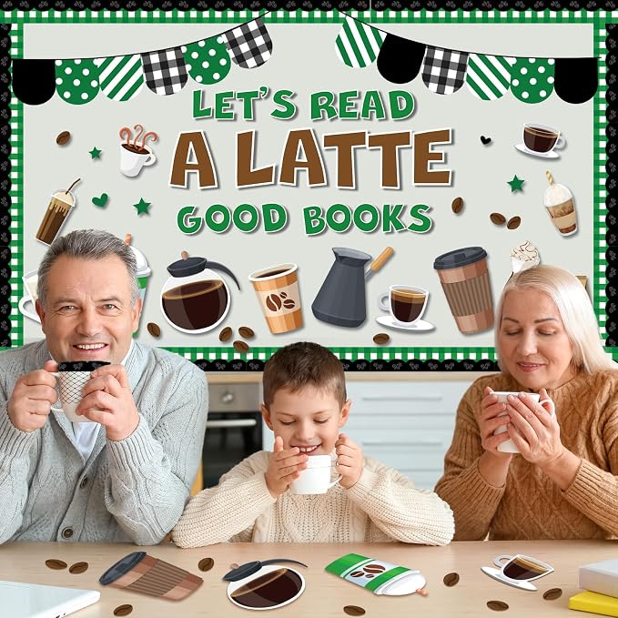 Coffee Bulletin Board Set Coffee Cup Classroom Decoration Latte Paper Cutouts Green Coffeehouse Crafts Teacher's Helper Charts for Back to School Nursery Chalkboard Reading Decor Wall Door