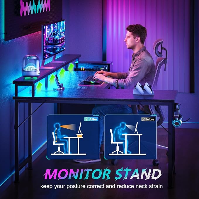 Korfile 57'' L Shaped Gaming Desk with Storage Drawers, Power Outlets, LED | Black Computer Desk with Host Stand, Reversible Corner Design for Gaming, Work, Home Office, Study Room, Bedroom