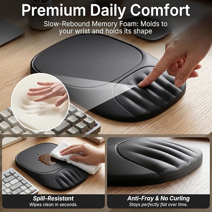 Ergonomic Mouse Pad with Wrist Rest, Sloped Memory Foam Mousepad with Wrist Support, Cooling Channels, Non-Slip Base, Smooth Lycra Surface for Office, Gaming & Home Desk (Black)