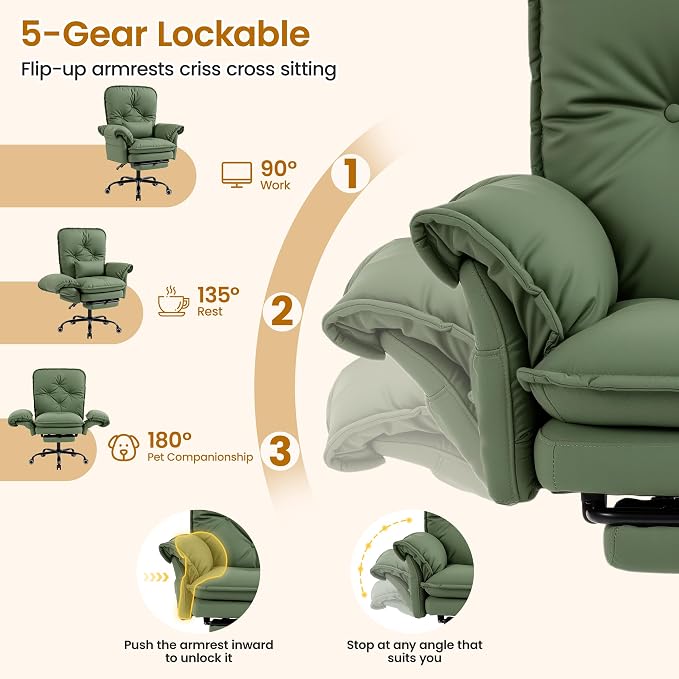 Criss Cross Office Chair with Flip Arms & Footrest, Comfy Desk Chair,Green | Cross Legged Office Chair, Wide Seat Reclining Desk Chair with Wheels, Vanity Chair with Pocket Spring Seat and Side Pockets