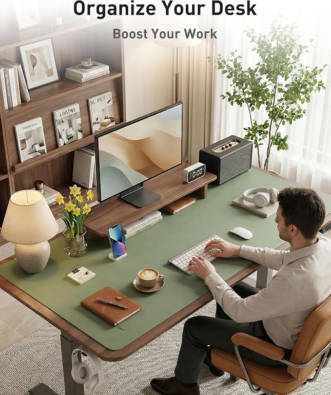 Aothia Faux Leather Desk Mat - Large Mouse Pad, Non-Slip PU Leather Blotter, Waterproof Writing Surface for Office and Home (Olive Green, 42" x 17")