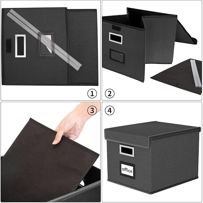 File Organizer Box with Lids, Collapsible File Folder Organizer | File Box with Plastic Slides for Office Document Storage, Filing Bin for Letter Size Hanging File Folders (2 Pack, Black)