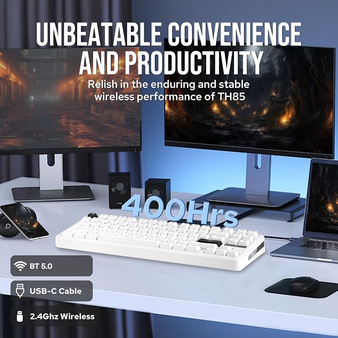 EPOMAKER TH85 QMK/VIA Wireless Gaming Keyboard, BT5.0/2.4GHz/USB-C | Hot-Swap Pre-lubed Custom Milk Blue Tactile Switches, Gasket Creamy Keyboard for PC/Mac/Office/Gaming (White)