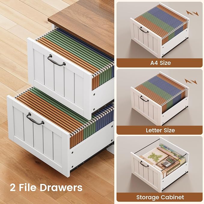SEDETA Farmhouse 63" L Shaped Desk with Drawers and Storage Cabinet | Office Desk with File Drawers, Wood Corner Computer Desk with Storage, Home Office Desk with Monitor Stand,Walnut and White