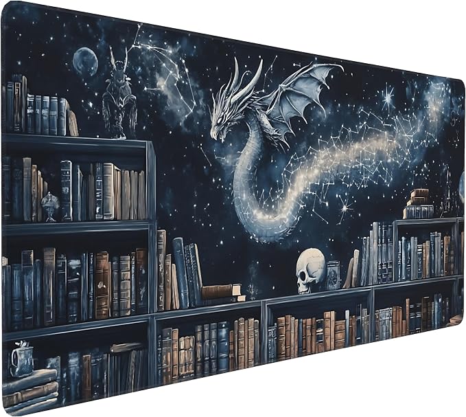 Aesthetic Dragon Gaming Mouse Pad, Black Blue Mystical Desk Mat with Anti-Slip Base & Stitched Edges, Computer Keyboard & Laptop Pad, 35.4" x 15.7" in in Workstation Accessories