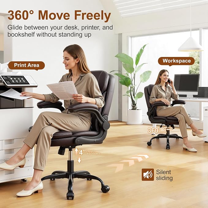 Leather Office Chair, PU Computer Desk Chairs with Upgraded Double-Layer Seat Cushion and Neckrest, 360°Swivel, Ergonomic Small Gaming Chair with Wheels and Adjustable Armrests, Dark Brown
