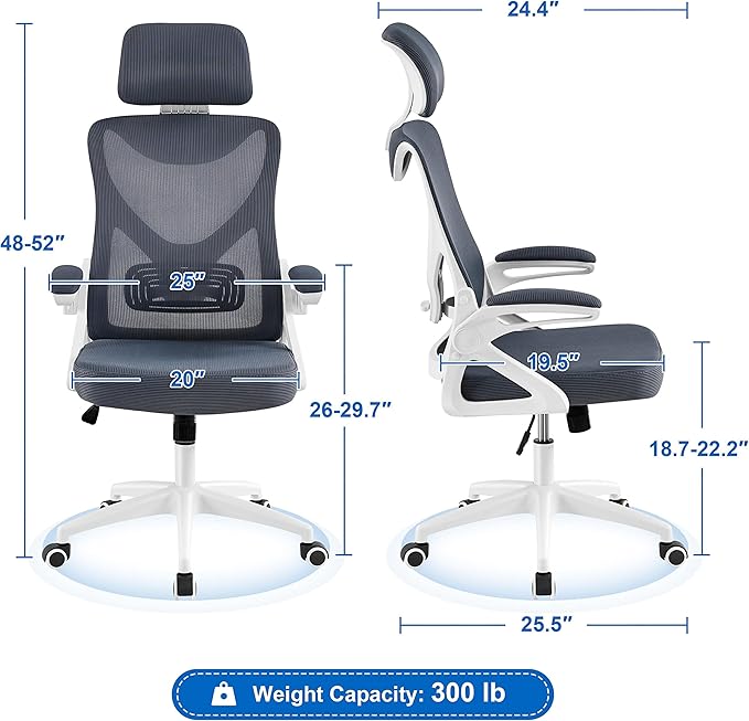 Yaheetech Ergonomic Mesh Office Chair, High Back Desk Chair with flip-up Armrests, Adjustable Padded Headrest Lumbar Support for Home Oiffce Game Room, White/Gray