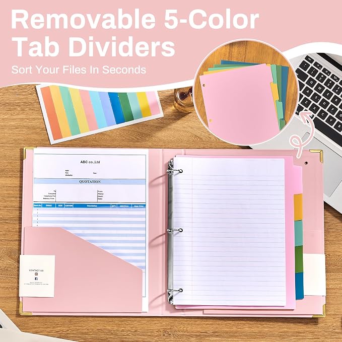 Aesthetic 3 Ring Binder 1 Inch Cute Three Round Rings Binders with Dividers | Suitable for 8.5 x 11 Letter Size Paper Loose Leaf Binder with 2 Pockets for School Work