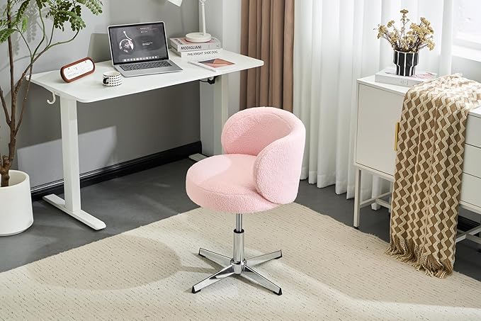 VINGLI Cute Small Swivel Desk Chair Comfy no Wheels,Ergonomic Low-Back Lumbar Support Vanity Nail Tech Computer Task Stool Girls Women Kids Chair for Home Office,Height Adjustable,Teddy Fleece,Pink