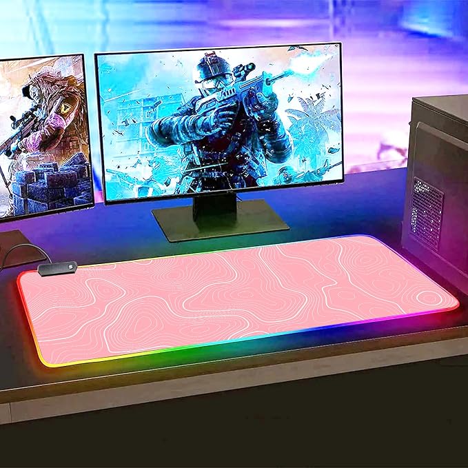Pink RGB Mouse Pad LED Desk Mat Large Gaming Mousepad Pink and White Line Design, Keyboard Pad XL Mouse Mat for Home and Office