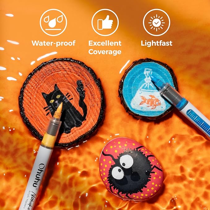 Ohuhu Acrylic Paint Markers Brush Tip: 48 Pack Automatic Ink Control Acrylic Markers High Opacity Paint Pens Waterproof Lightfast for Rock Painting 3D Prints Easter Eggs Wood DIY Crafts- Nahuku
