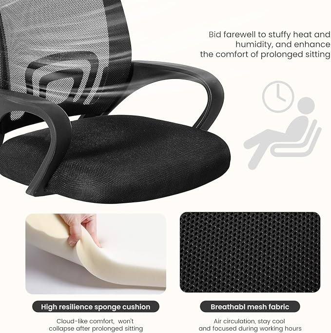 DUMOS Ergonomic Office Chair, Mid-Back Executive Desk Chair 2 Pack | Comfortable Lumbar Support, Breathable Backrest, Fixed Armrest, Height Adjustable, 360° Swivel, Computer Gaming, Black