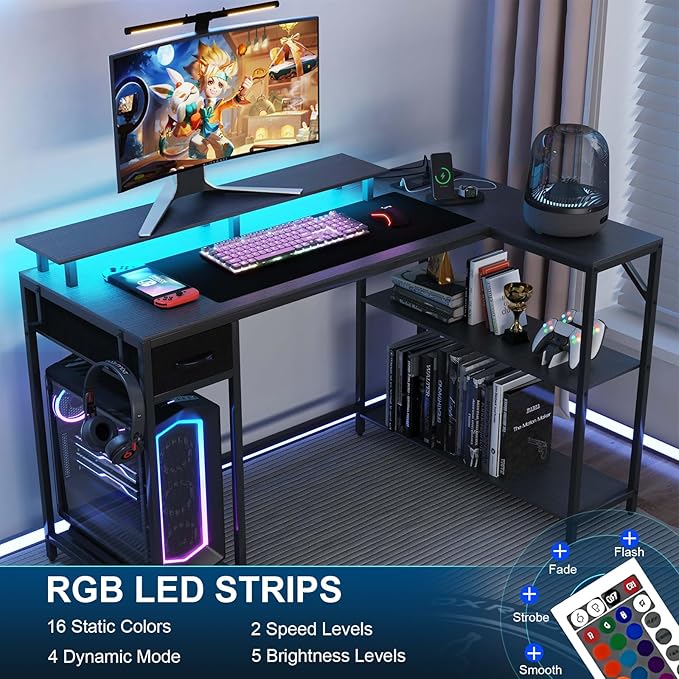 L Shaped Gaming Desk with Power Outlet & Led Light, 47 inch Reversible Computer Desk with Shelves, Hooks, and Drawer, Cornor Home Office Desk Table for Living Room, Bedroom, Black