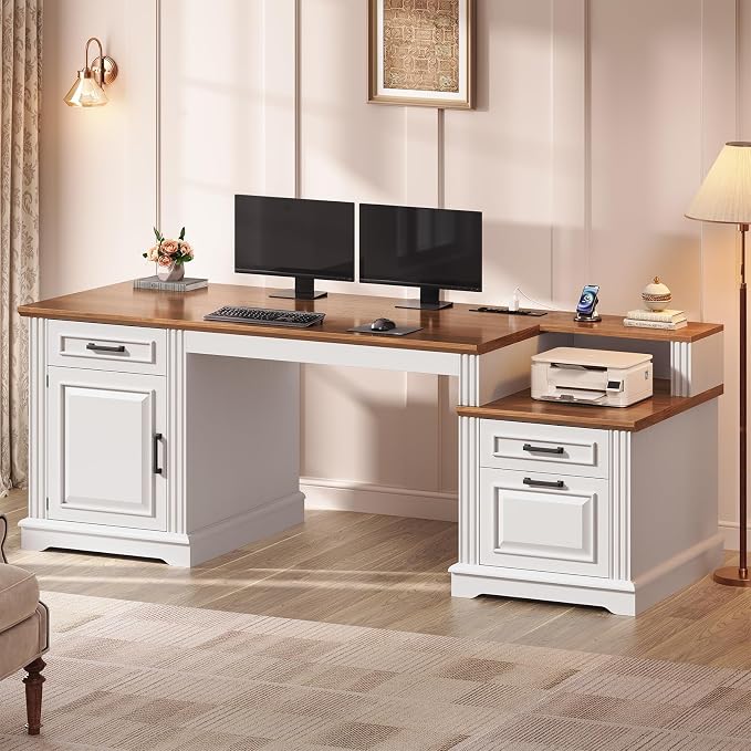 SEDETA Farmhouse Executive Desk, 62'' Home Office Desk with File Drawers, 3Drawer and Storage Cabinet, Computer Desk with Power Outlet for Home Office, Work Study Writing, White + Walnut
