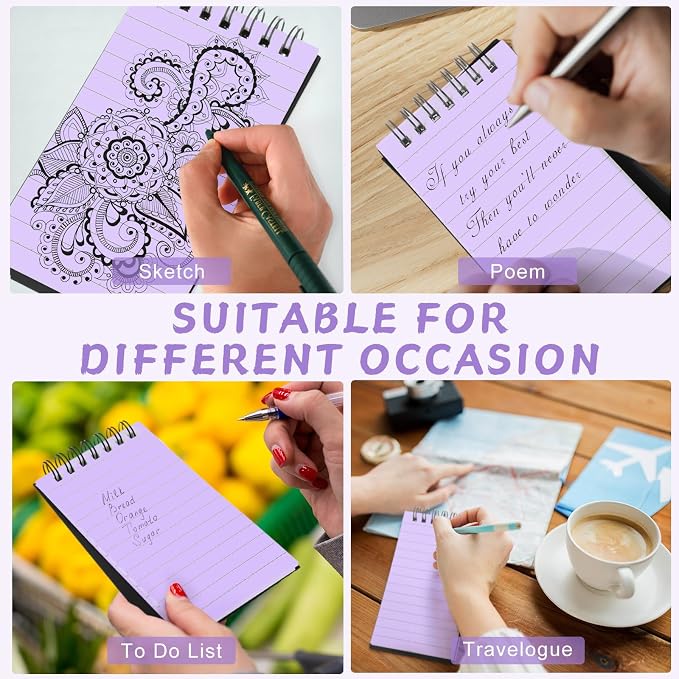 Tenceur 6 Pcs Pocket Notebook Small 3x5 Inch Black Cover Purple Page Top Spiral Notepads Bound Notebook with Lined 120 Pages Mini Memo Pads for Office College Nurse Essentials Back to School Gift