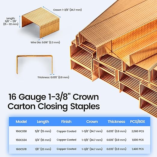 meite Carton Closing Staples 16 Gauge 1-3/8" Wide Crown 7/8" Leg Copper-Coated Box Staples for Pneumatic or Manual Box Stapler Cardboard Sealer Packaging (7,000PCS)