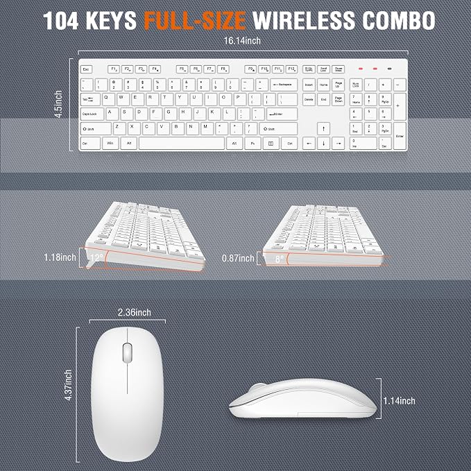 Wireless Keyboard and Mouse Combo, EDJO Silent Full Size Cordless USB Keyboard Mouse, 2.4GHz Lag-Free, Long Battery Life, for Computer, Laptop, PC, Chromebook, Windows (White, 1 Pack)