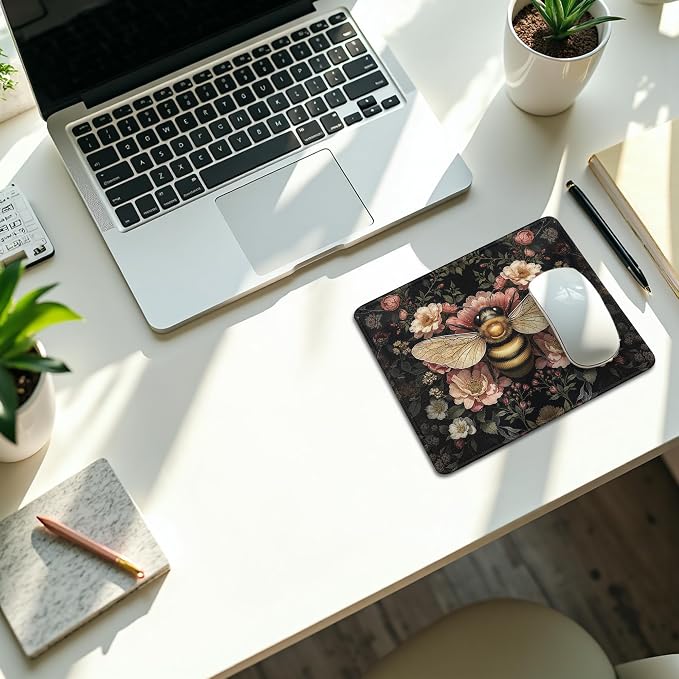 Vintage Moody Floral Bee Mouse Pad, Bee Lover Gifts, Dark Cottagecore Botanical Bumblebee Insect Mouse Pads Mousepad for Home Office Dorm Computers Laptop Supplies Desk Accessories, 9.5x7.9 Inch