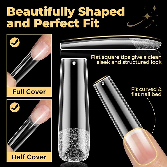 UNA GELLA Extra Long Tapered Square Nail Tips, Pre-buffed 240Pcs Square Gel Nail Tips No C Curve XXL Long Press on Nails Full Cover Straight for Nails Extension Home DIY Salon 12 Sizes