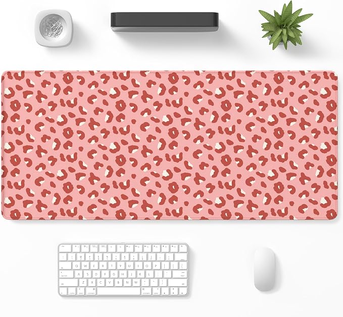 Desk Mat, Large Gaming Mouse Pad, 32" x 12", Pink Leopard | Waterproof Desk Pad, Non-Slip Rubber Base, Desktop Mat with Stitched Edges, Desk Accessories for Office, Work, Home
