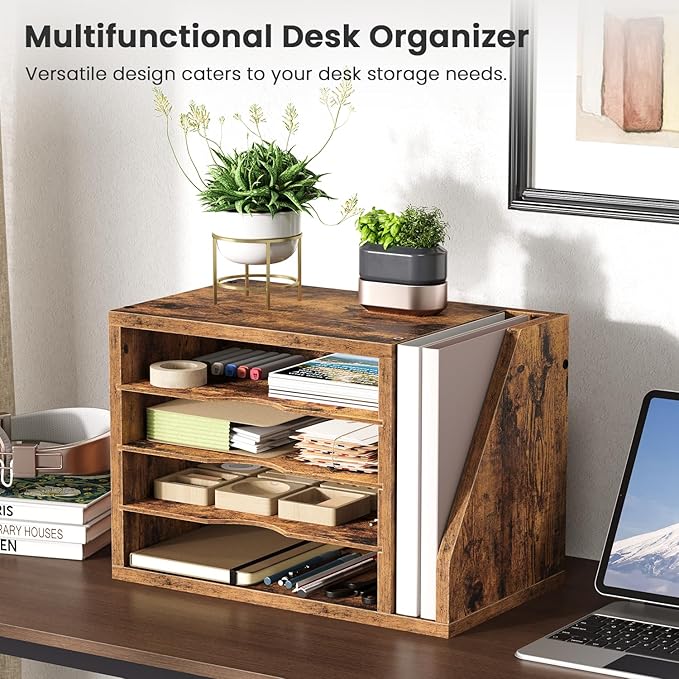 Mail Sorter, File Organizer Desktop, Wood Desk Organizer with 3 Adjustable Shelves, Mail Holder for Office, Home, Letter Sorter File Holders for Envelopes, Supplies Magazines, Rustic Brown