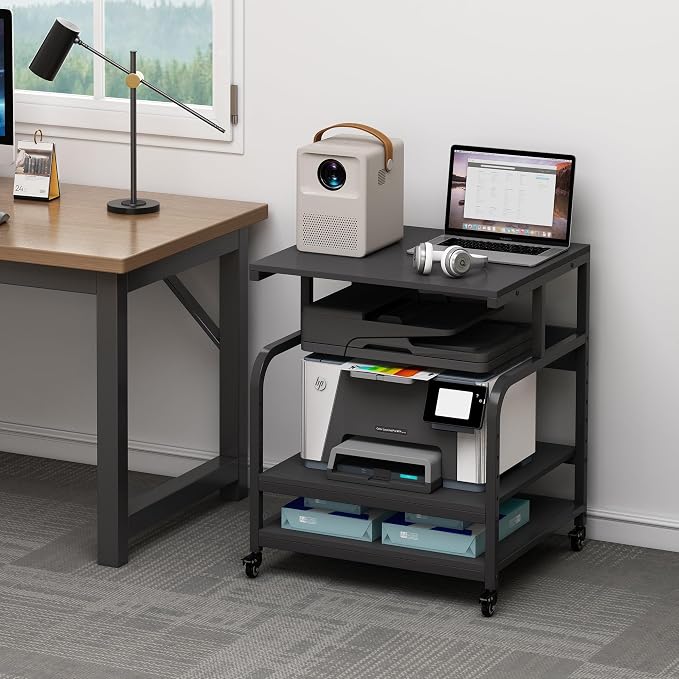 Fannova 25.6"x23.6" Extra Large Printer Stand with Adjustable Storage Shelf | Heavy Duty 3D Printer Table with Metal Frame, 3 Tier Rolling Printer Cart with Industrial Wheels for Home Office, Black