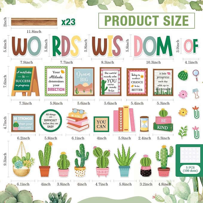 Mooliwe 57 Pcs Cactus Bulletin Board Set Inspirational Classroom Cutouts | Positive Sayings for Teacher Office Wall, Motivational Quotes Cacti Theme, Summer Classroom Display Decor Supplies