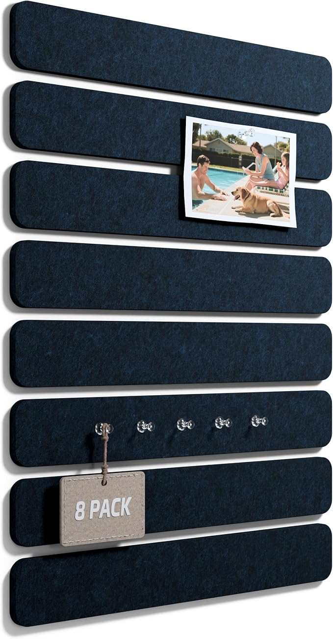 Fluxynara 13" x 2" Felt Wall Panels, Midnight Blue | 8-Pack Includes 50 Push Pins and Adhesive Tabs for Photos, Notes and Decor in Bedroom Doors, Home Office or Studios