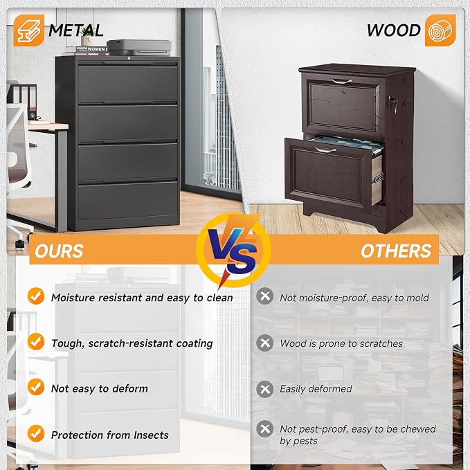 Bestoo 4 Drawer File Cabinet, Metal Lateral Filing Cabinet with Lock | Lockable Drawers, Large Storage Capacity, Heavy Duty Build, Smooth & Quiet Slides, Suitable for Letter/Legal/F4/A4 Size