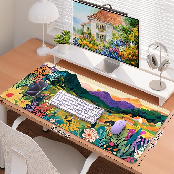 iCasso Large Gaming Mouse Pad 35"x16",Waterproof Desk Mat,Oil Painting | Non-Slip Rubber Base and Stitched Edges, Extended Keyboard Mousepad for Computer, Home Workspace