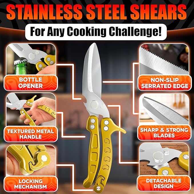 4-in-1 Multifunction Heavy Duty Kitchen Shears – Sharp Seafood, Fish, Turkey & Chicken Shears with Non-Slip Metal Handle & Micro-Serrated Blades for Meat – Spring-Loaded Bone Scissors (Gold)