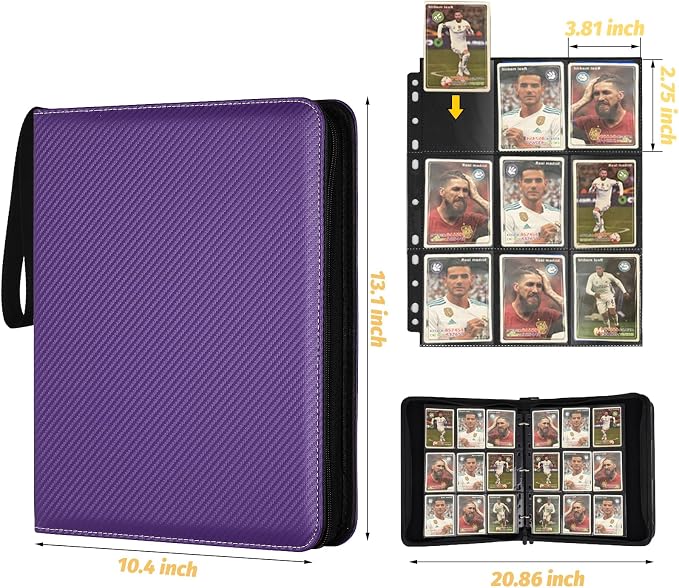 GERMUN 3 Ring 9 Pocket Zipper Card Binder, 720 Double Sided Standard PU Trading Card Album Folder for TCG & Sports Cards, Not Fit Top Loaders (purple)