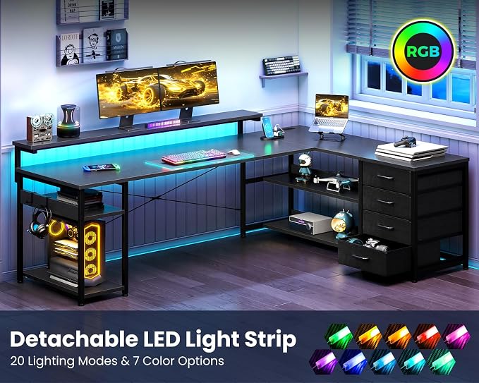 AODK 69" L Shaped Computer Desk with 4 Drawers, LED Lights, Black | Power Outlets, Adjustable Monitor Stand, Open Storage Shelves, Reversible Layout for Gaming and Home Office