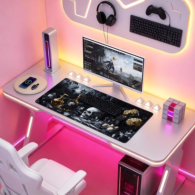 Aesthetic Skull Gaming Mouse Pad, Black Gold Dark Epic Desk Mat with Anti-Slip Base & Stitched Edges,35.4" x 15.7" in Table Mat for Computer Desktop, Beautiful Workstation Decor