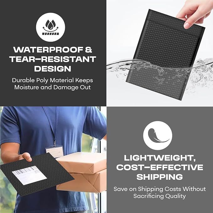 Jet Black Bubble Mailers 12x15, Self Seal Poly Padded Envelopes, 100 Pack | Holds Clothing & Bulk Items, No Tape Needed, Cushioned Protection, Water-Resistant Poly, Bulk Pack for Small Business