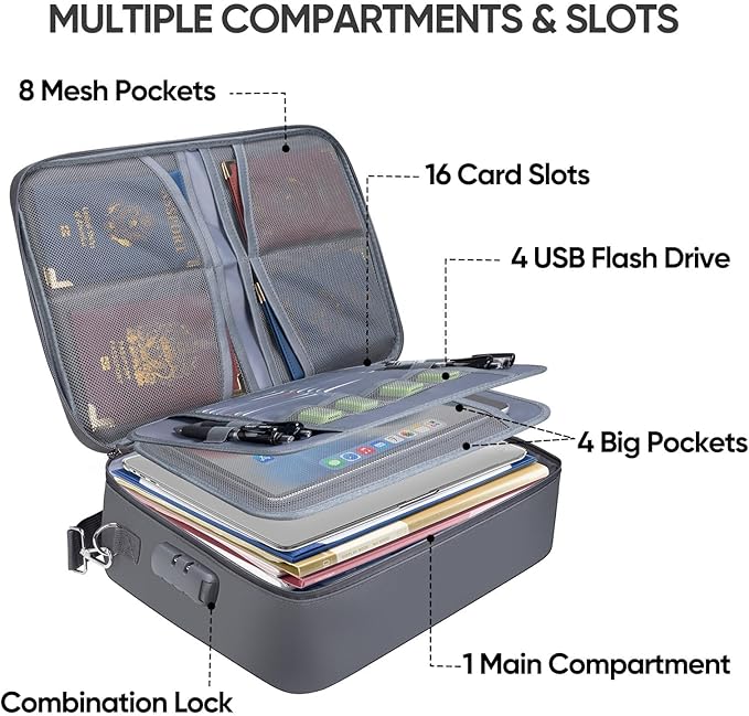 BALEINE Fireproof Document Box with Lock, Portable Fireproof Document Bag Waterproof Fire Proof File Boxes for Documents, File Organizer Box for Important Paperwork (Gray, 15''x11''x4'')