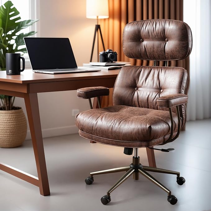ovios Home Office Chair with Thick Cushion, Mid-Century Modern Faux Leather Ergonomic Chairs, High Back Swivel Rolling Computer Executive Armchair (Dark Brown, Suede Leather)