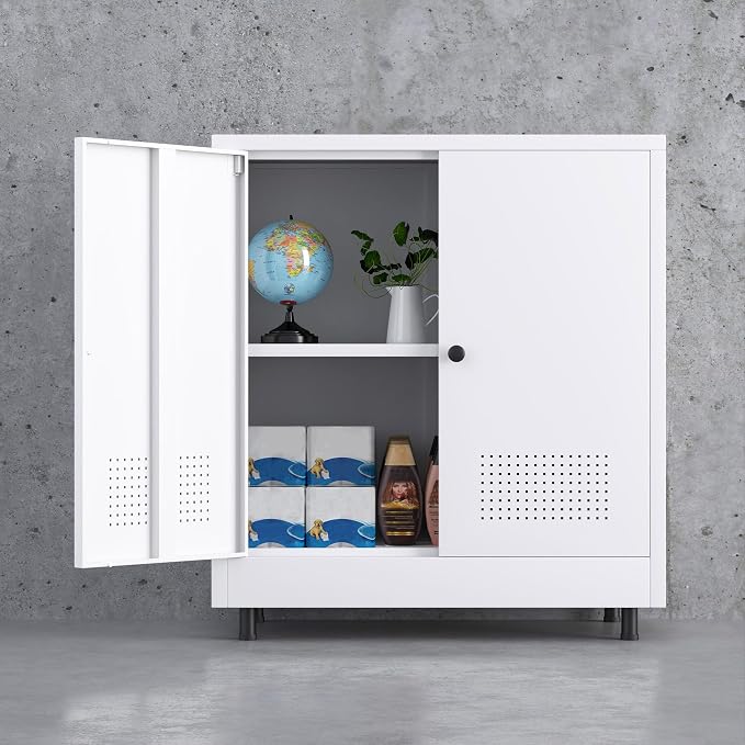 Metal Storage Cabinet with 2 Doors and Adjustable Shelf, Free Standing Accent Sideboard Buffet Cabinet for Home, Office, Entryway, Hallway, Living Room, Kitchen and Dining Room (White)